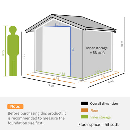 Outsunny Abri de rangement en métal 9' x 6', abri de jardin avec fondation au sol, doubles portes coulissantes, 4 bouches d'aération pour jardin, patio, pelouse, gris 9' x 6' 