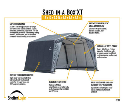 ShelterLogic Abri de rangement extérieur extra haut avec toit en métal en acier toutes saisons avec housse imperméable et ancrages à tarière réutilisables robustes 3,7 x 3,1 x 2,4 m, gris 