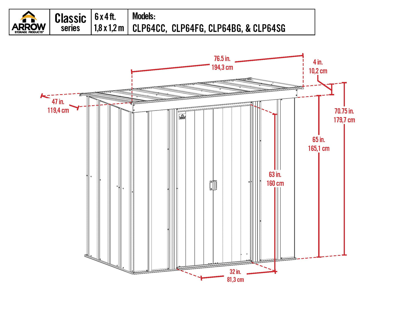 Arrow Shed Classic 6' x 4' Hangar de rangement extérieur cadenassable en acier, charbon de bois 6' x 4' 