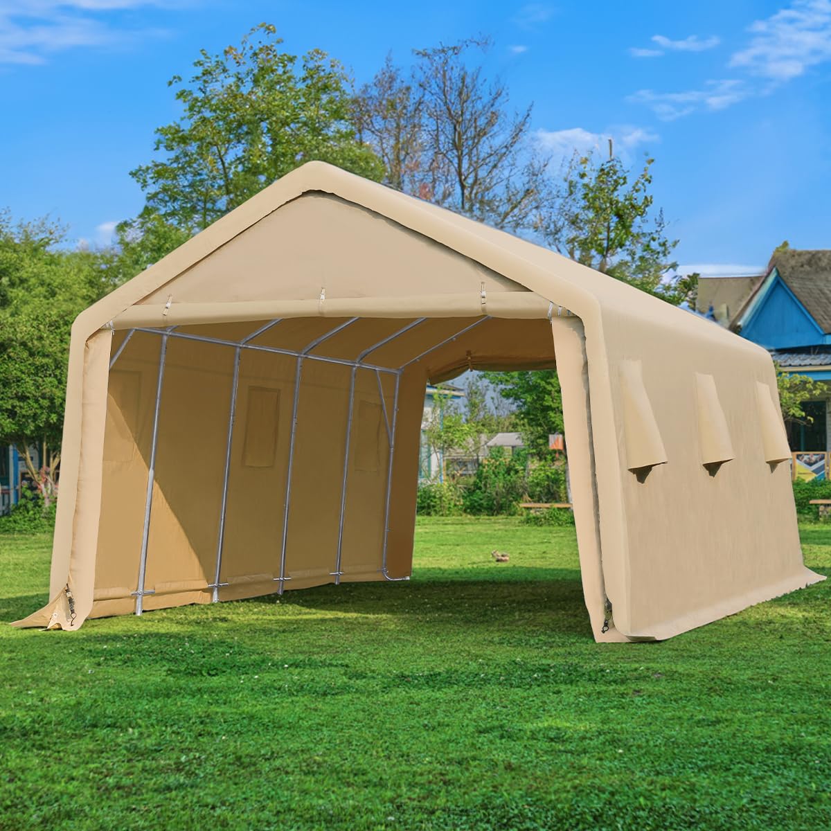 ADVANCE OUTDOOR Tente de garage de 4,3 x 6,1 m avec 2 portes enroulables et aérations, abri de rangement extérieur portable pour véhicule, camion, bateau, anti-UV, résistant à la neige, imperméable, beige 