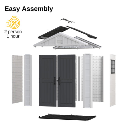 EAST OAK Outdoor Storage Shed, Waterproof Resin Tool Shed with Window, 152Cu.ft Outside House Shed for Patio Furniture, Lawn Mower, Bike, 7×4×8.2 FT