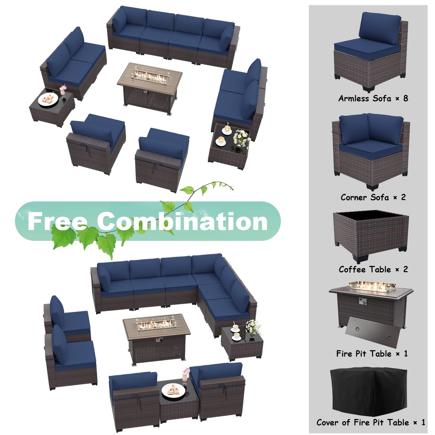 ALAULM 13 Pieces Patio Furniture Set with Fire Pit Table Outdoor Sectional Sofa Sets Outdoor Furniture - Dark Blue