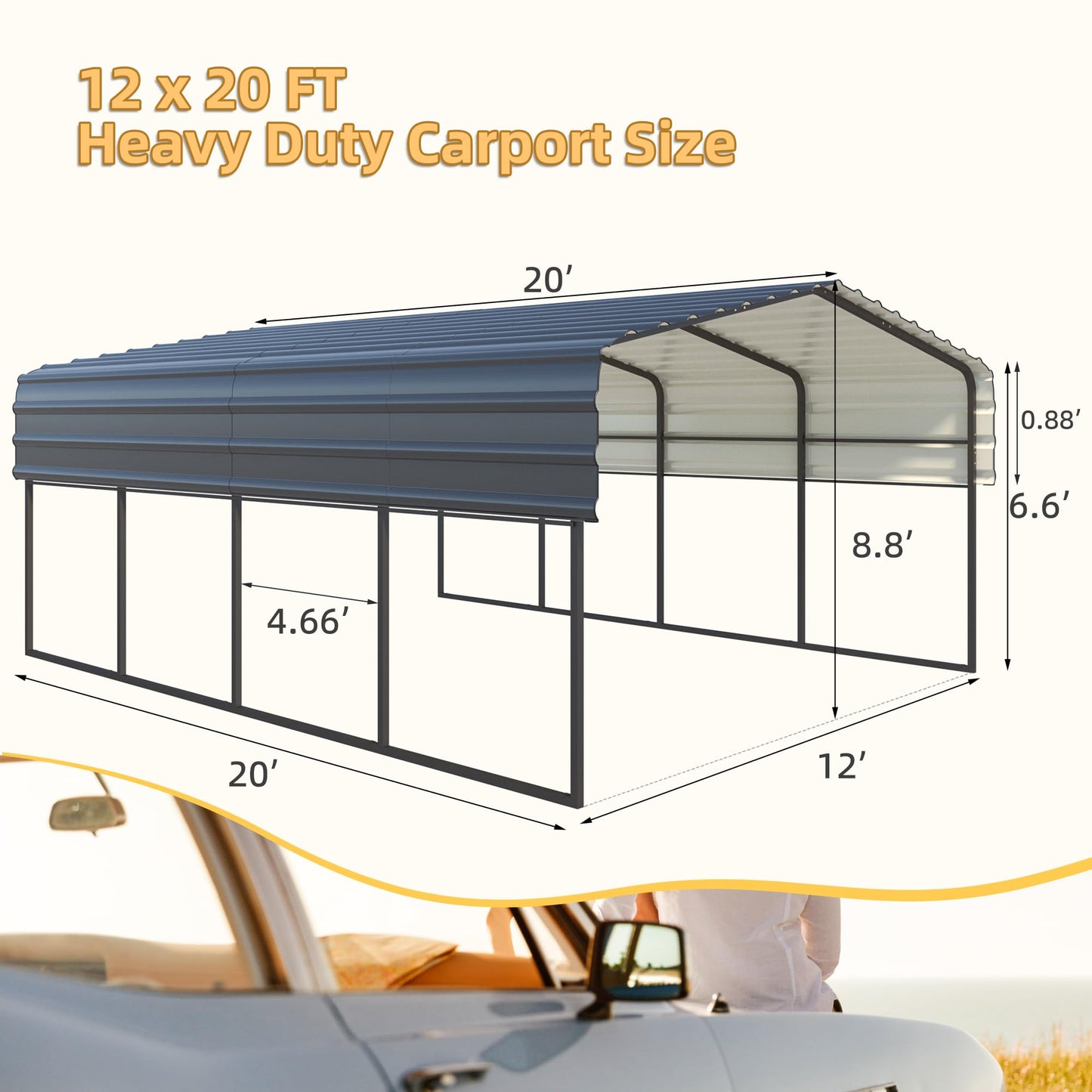 HOMMOW 12'x20' Heavy Duty Carport, Multi-Purpose Car Shade Shelter with Galvanized Steel Roof, Upgraded Extra Large Metal Garage for Car, Boats and Tractors 12'x20'FT