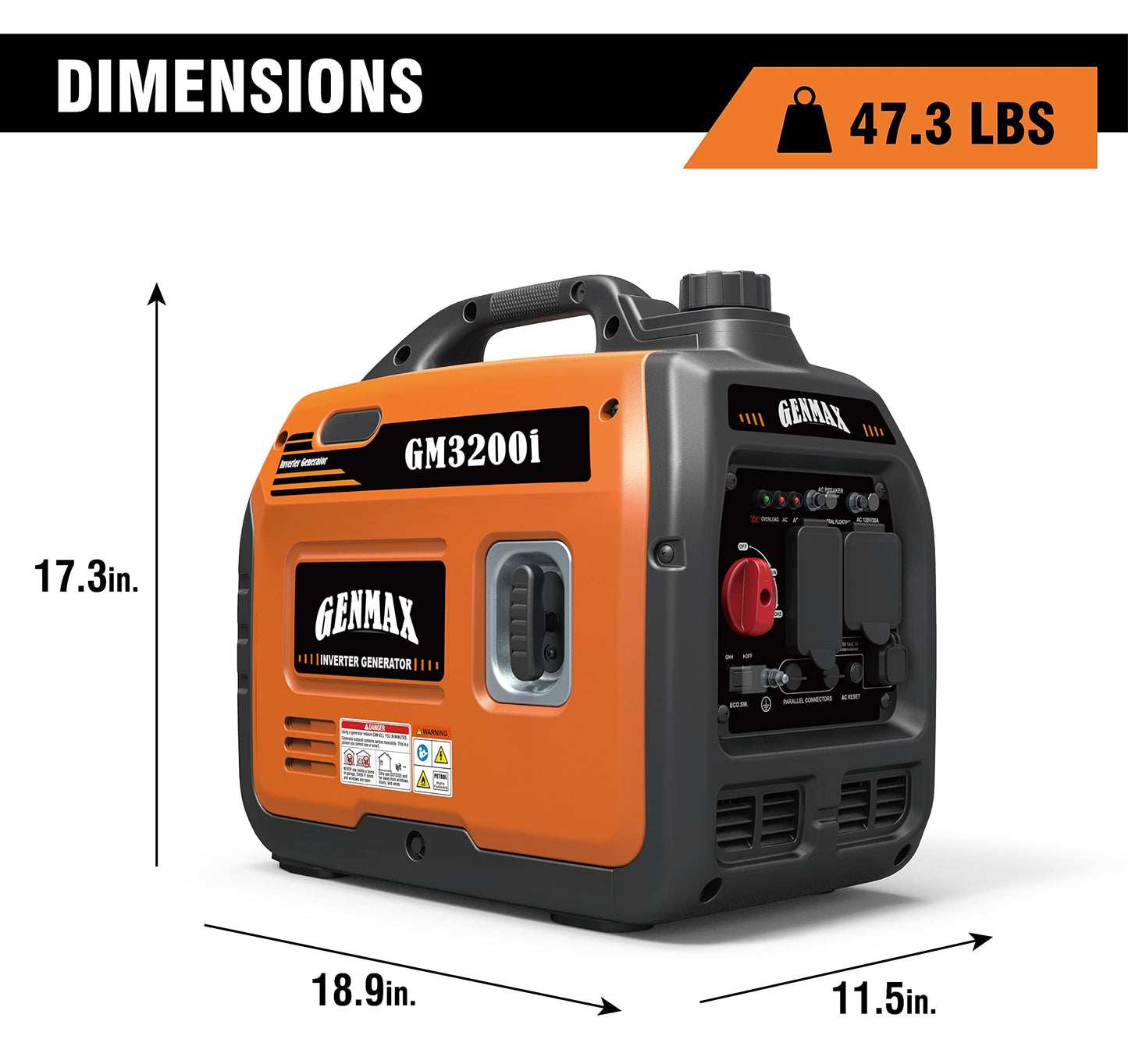 Générateur à onduleur portable GENMAX, moteur à essence ultra-silencieux de 3 200 W et prêt pour les camping-cars, conforme à l'EPA, fonction mode écologique, ultra léger pour une utilisation domestique et le camping (GM-3200i) GE-3300A 