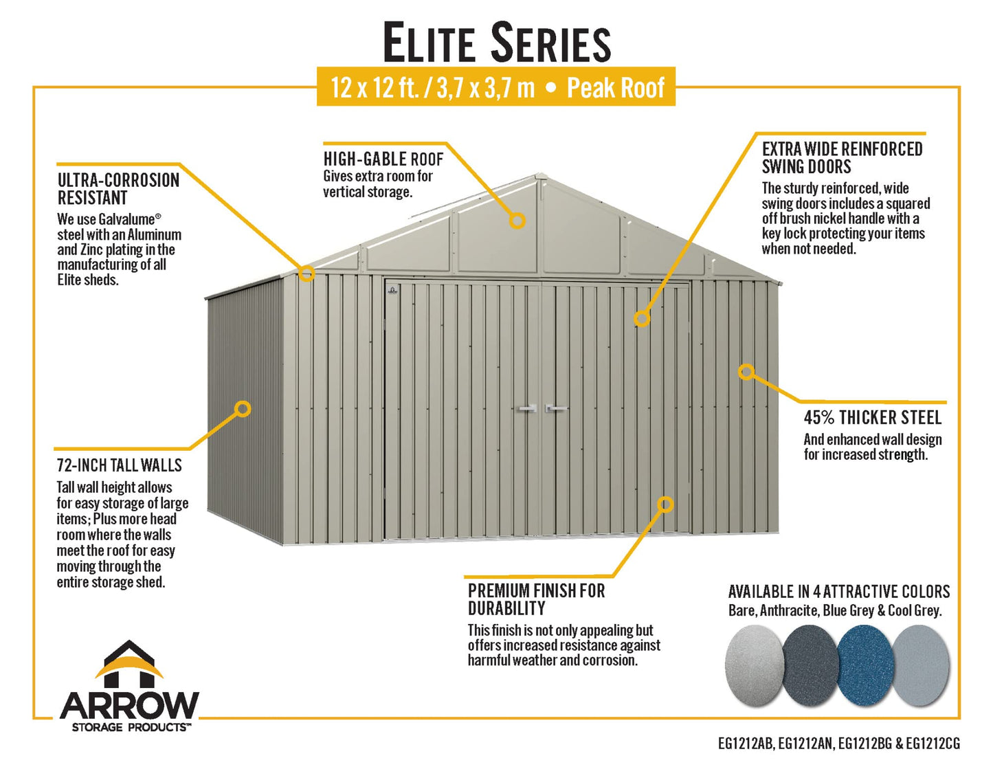 Arrow Shed Elite Hangar de rangement extérieur en acier avec toit à pignon verrouillable, gris froid, 12' x 12' 