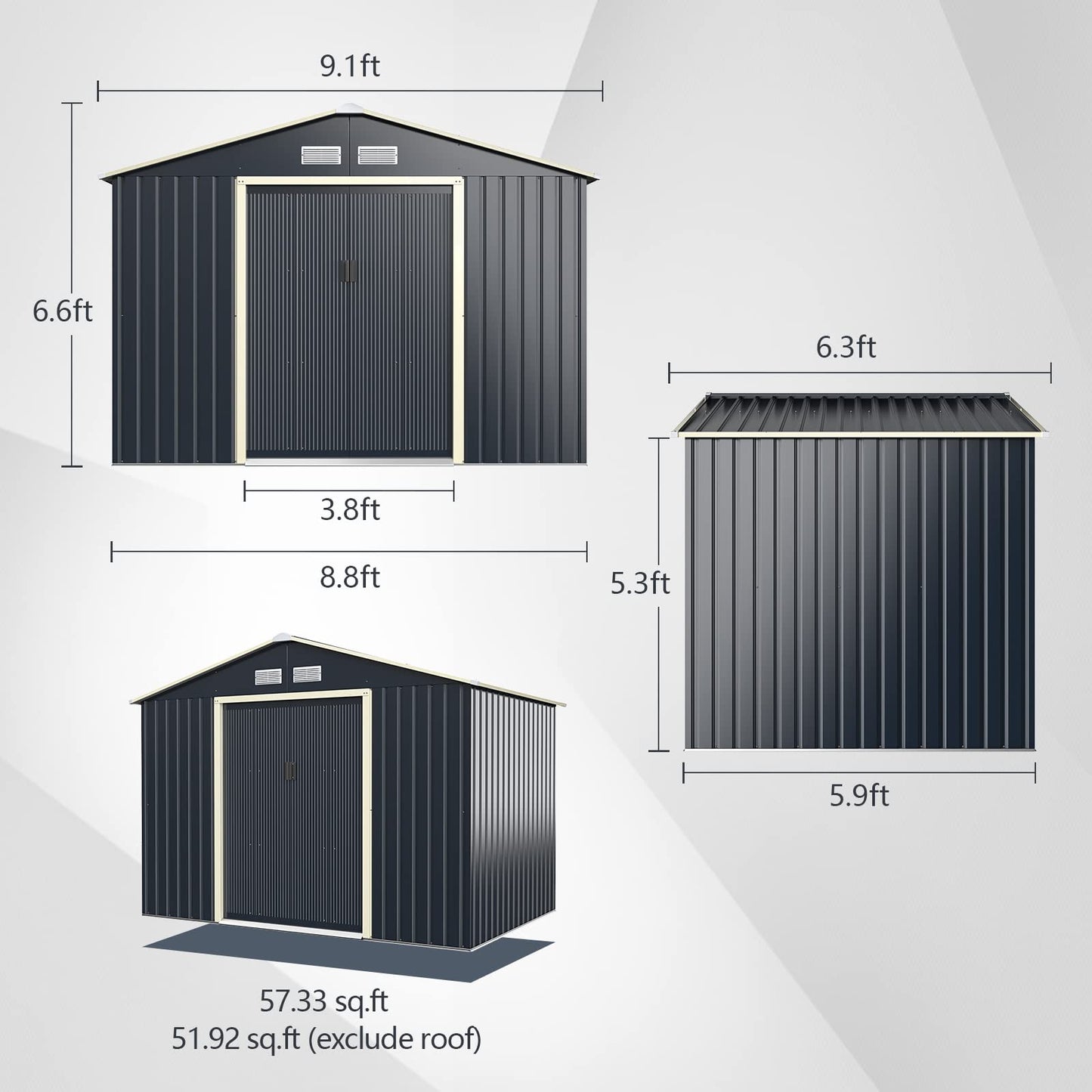 Goplus Outdoor Storage Shed, 9' X 6' Metal Garden Shed with 4 Vents & Double Sliding Door, Utility Tool Shed Storage House for Backyard, Patio, Lawn 9'X6'