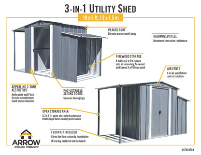 Arrow Sheds 10' x 5' Galvanized Steel 3-in-1 Pad-Lockable Outdoor Utility Storage Shed, Anthracite Modern