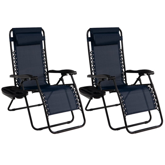 Goplus Zero Gravity Chair, Adjustable Folding Reclining Lounge Chair with Pillow and Cup Holder, Patio Lawn Recliner for Outdoor Pool Camp Yard (Set of 2, Navy) set of 2
