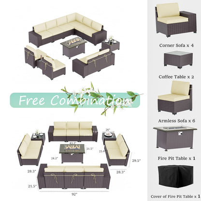 ALAULM 13 Pieces Outdoor Patio Furniture Set with Propane Fire Pit Table Outdoor Sectional Sofa Sets Patio Furniture