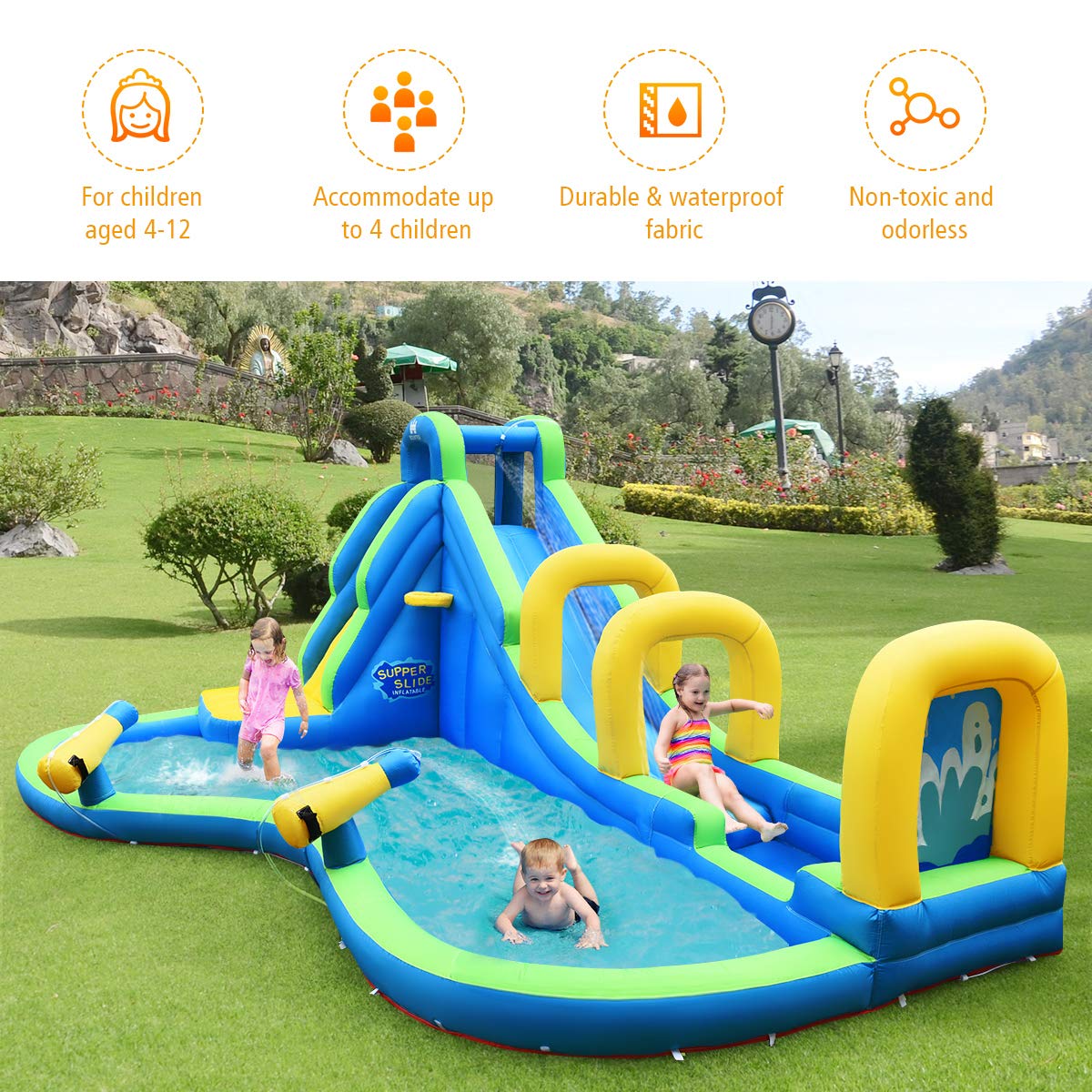 BOUNTECH Inflatable Water Slide, Mega Waterslide Park for Kids Backyard Fun w/Adventure Long Slide, Splash Pool, Climbing, Blow up Water Slides Inflatables for Kids and Adults Outdoor Party Gifts Without Blower