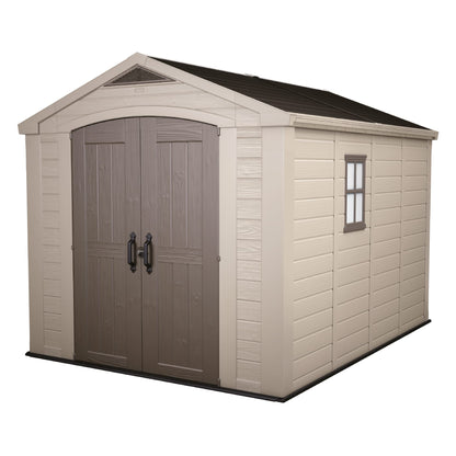 Keter Factor Grand abri de rangement pour jardin extérieur en résine, 8 x 11 pieds, taupe/marron 