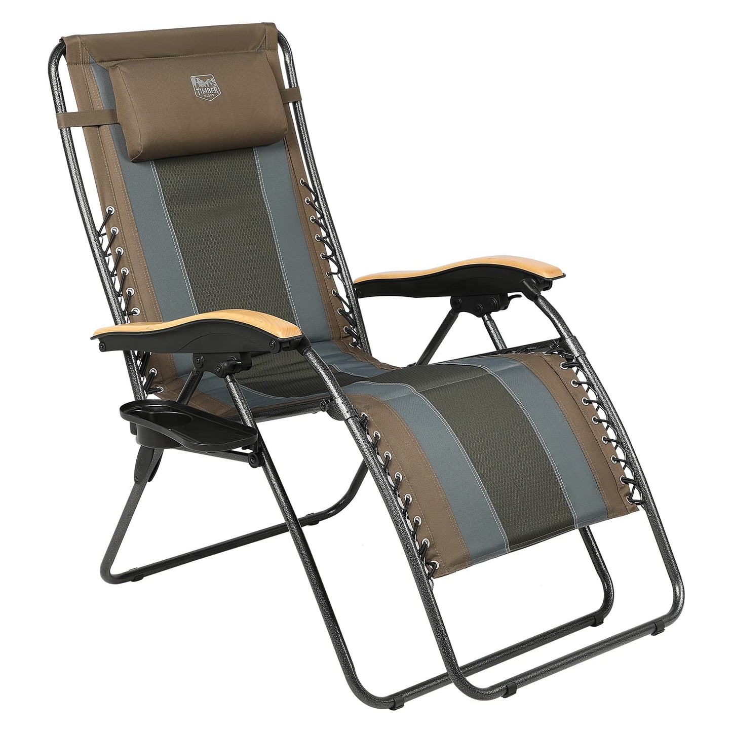 TIMBER RIDGE Chaise inclinable d'extérieur XXL rembourrée avec appuie-tête réglable et porte-gobelet XXL pour pelouse, camping, terrasse, supporte jusqu'à 150 kg, marron