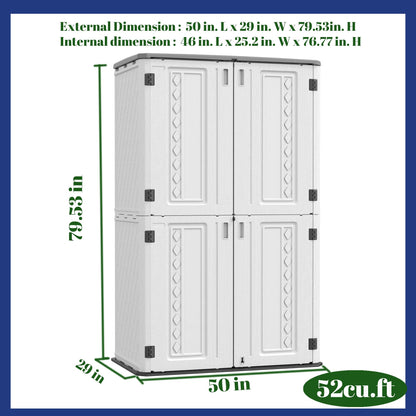 ADDOK Vertical Outdoor Storage Cabinet,HDEP Storage Shed Weather Resistance,Outdoor Storage for Long-Handle Tool,Lawnmower, Garden Accessories,Patio/Balcony 52 Cu.ft(Off-White) 52Cu.ft off-white