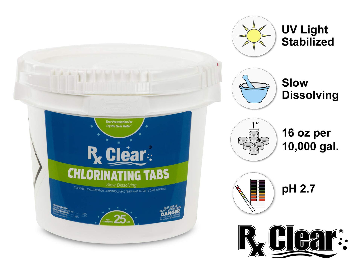 Rx Clear Comprimés de chlore stabilisé de 1 pouce | Utiliser comme bactéricide, algicide et désinfectant dans les piscines et les spas | Dissolution lente et protection UV | 25 livres