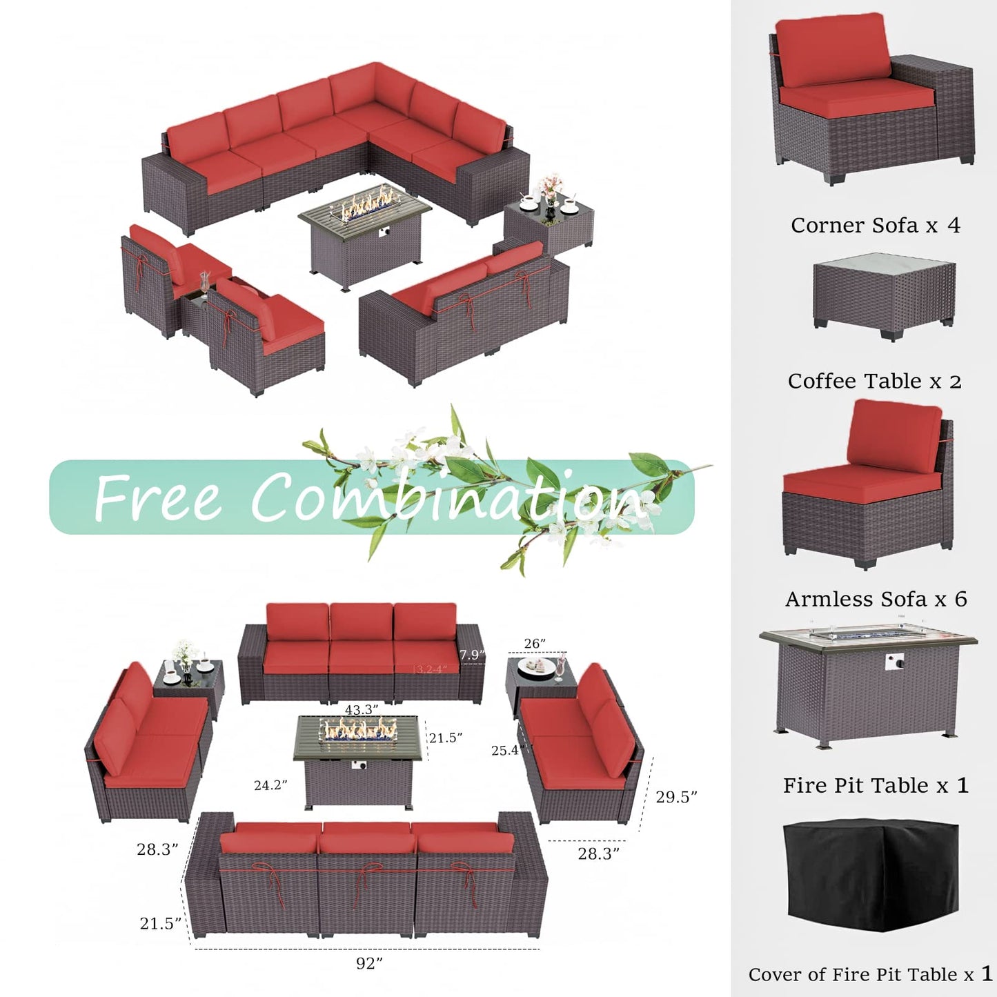ALAULM 13 Pieces Outdoor Patio Furniture Set with Propane Fire Pit Table Outdoor Sectional Sofa Sets