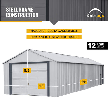 Arrow Shed 12' x 31' Murryhill Garage Murs extra hauts en acier galvanisé Bâtiment de stockage préfabriqué, 12' x 31', Gris flûte 