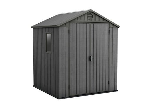 Keter Darwin 6 x 6 Foot Spacious Heavy Duty Outdoor Storage Shed for Organizing Garden Accessories and Tools with Double Doors and High Ceiling, Gray