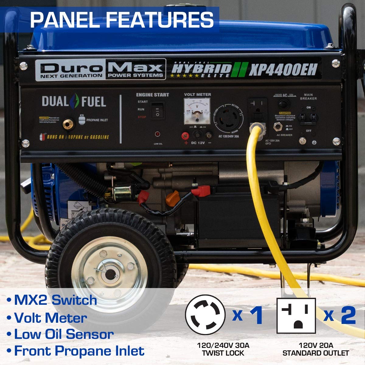 DuroMax XP4400EH Dual Fuel Portable Generator-4400 Watt Gas or Propane Powered with Electric Start