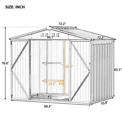 Plawden Abri de rangement extérieur en métal de 2,4 x 1,8 m, abri de jardin pour vélo, avec étagère réglable et portes verrouillables, armoire à outils avec aérations et cadre de fondation pour cour, pelouse, jardin, marron 2,4 x 1,8 m 