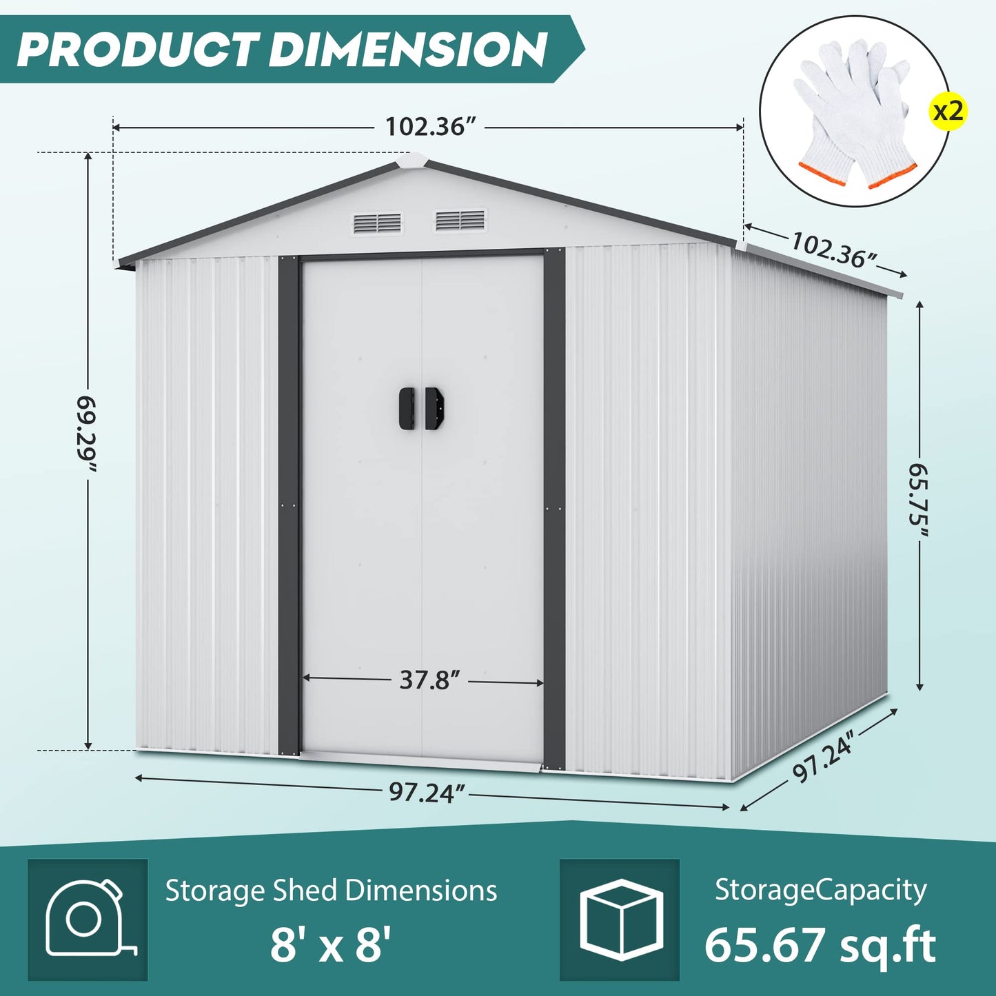 JAXPETY Abri de rangement extérieur en métal de 8 x 8 pieds, abris de jardin et rangement extérieur avec portes coulissantes pour cour, patio, pelouse, blanc 8x8 