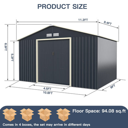 Giantex Abri de rangement extérieur avec double porte coulissante, espace de rangement de jardin en métal galvanisé, ventilation avant et arrière, abri de rangement résistant aux intempéries pour jardin, patio, pelouse (3 x 2,4 m) 3 x 2,4 m 