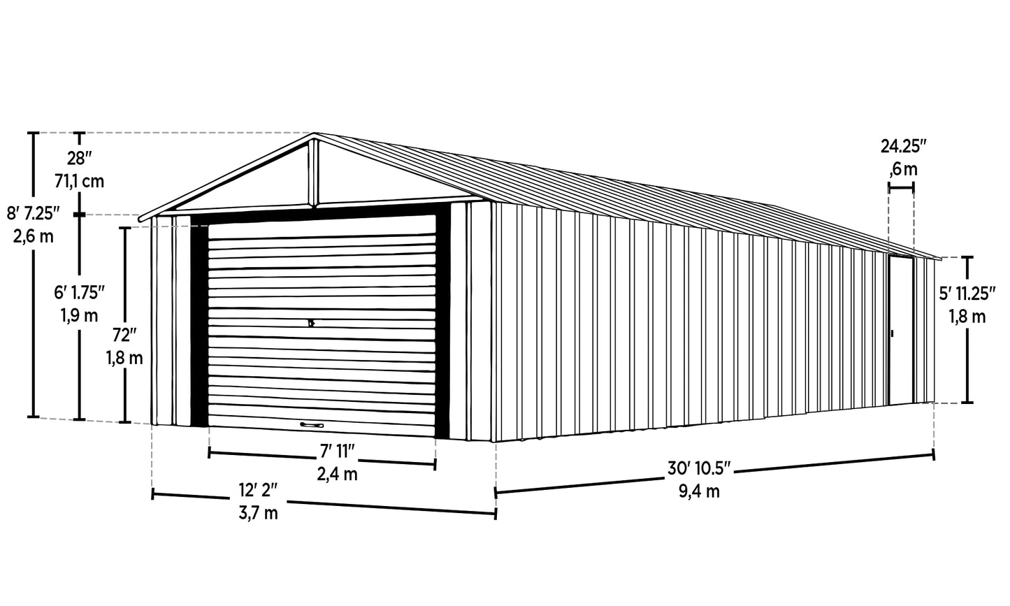 Arrow Shed 12' x 31' Murryhill Garage Murs extra hauts en acier galvanisé Bâtiment de stockage préfabriqué, 12' x 31', Gris flûte 