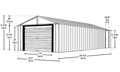 Arrow Shed 12' x 31' Murryhill Garage Murs extra hauts en acier galvanisé Bâtiment de stockage préfabriqué, 12' x 31', Gris flûte 