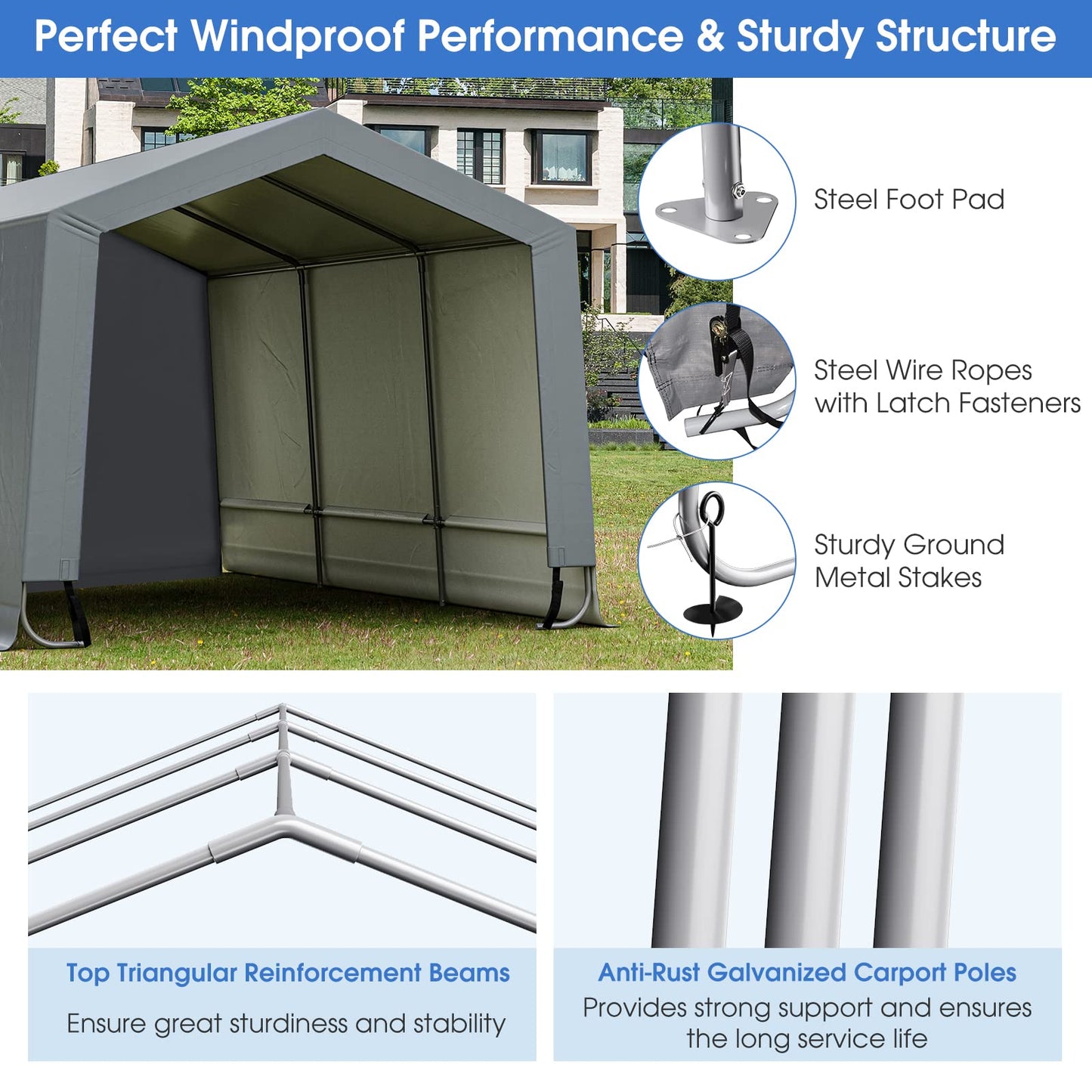 Tangkula Abri de voiture robuste de 3 x 4,9 m, garage portable extérieur avec poutres triangulaires renforcées, cadre en acier galvanisé, auvent de voiture en métal toutes saisons avec 2 portes amovibles pour voiture, camion, SUV, bateau 