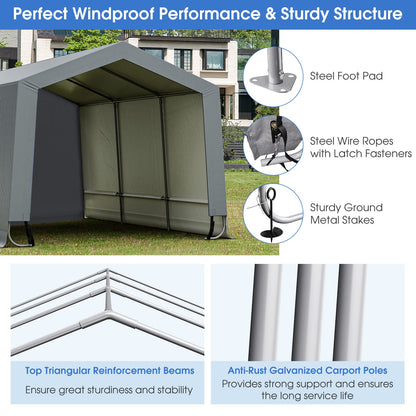 Tangkula Abri de voiture robuste de 3 x 4,9 m, garage portable extérieur avec poutres triangulaires renforcées, cadre en acier galvanisé, auvent de voiture en métal toutes saisons avec 2 portes amovibles pour voiture, camion, SUV, bateau 