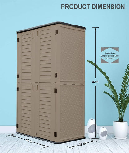 HOMSPARK Abri de rangement extérieur vertical résistant aux intempéries, abri de jardin en résine de 52 pieds cubes avec portes verrouillables, armoire de rangement extérieure double couche pour cour, jardin, patio, toit gris pelouse, mur marron, sol noir 