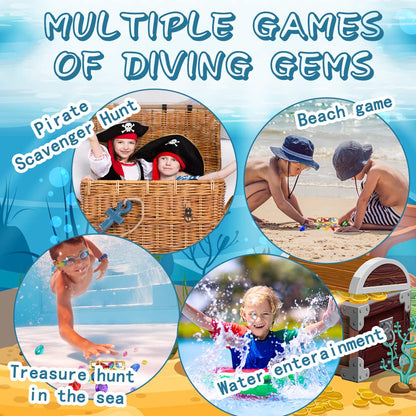 YUJUN Diving Gem Pool Toys 10 Colorful Big Diamond Gem with Treasure Pirate Chest Box Summer Underwater Acrylic Gemstones Set for Kids Swimming Pool Party Favors Assorted
