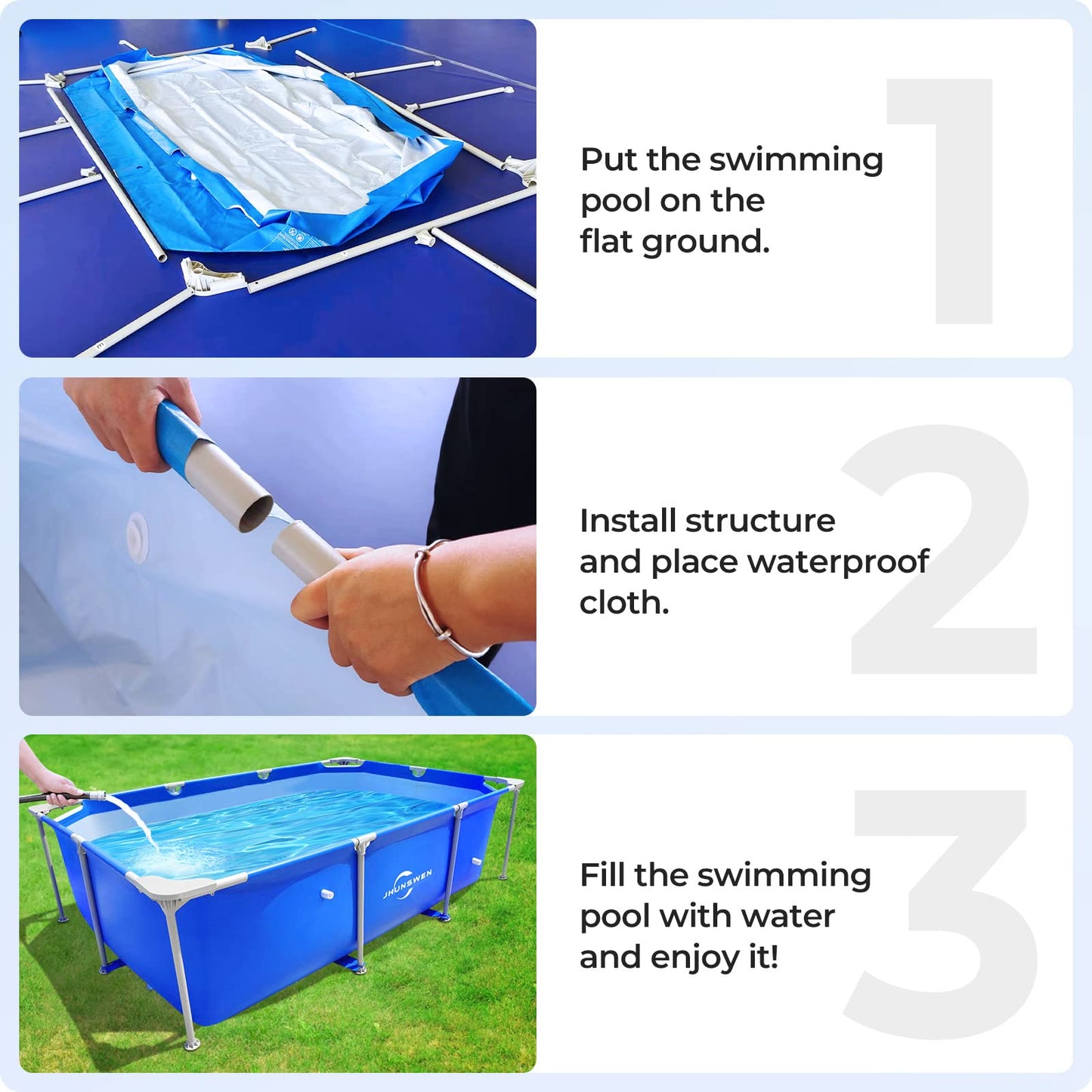 Above Ground Swimming Pool, Jhunswen 8.3ft x 5ft x 26in Outdoor Rectangular Steel Frame Pool for Adults Family, Grande Splash Square Pool for Kids, Easy Setup Pool with Repair Kit (No Filter Pump) 8ft