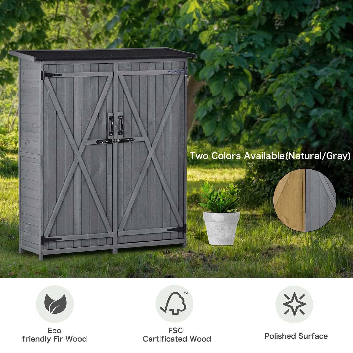 Abri de rangement extérieur avec sol, armoire de rangement en bois étanche, abri de jardin avec 3 étagères, abri vertical extérieur avec 2 portes doubles, bois de sapin, 2 serrures et poignées (gris) 55,1 x 20 x 63,8 gris avec 3 étagères 