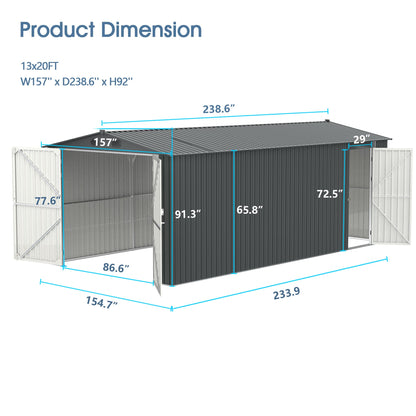 Chery Industrial 20'x13' Outdoor Storage Shed Galvanized Steel, Garden Shed with 4 Vents & Double Sliding Door, Utility Tool Shed Storage House for Backyard, Patio, Lawn(Dark Cool Grey) 20x13FT(Dark Cold Grey)