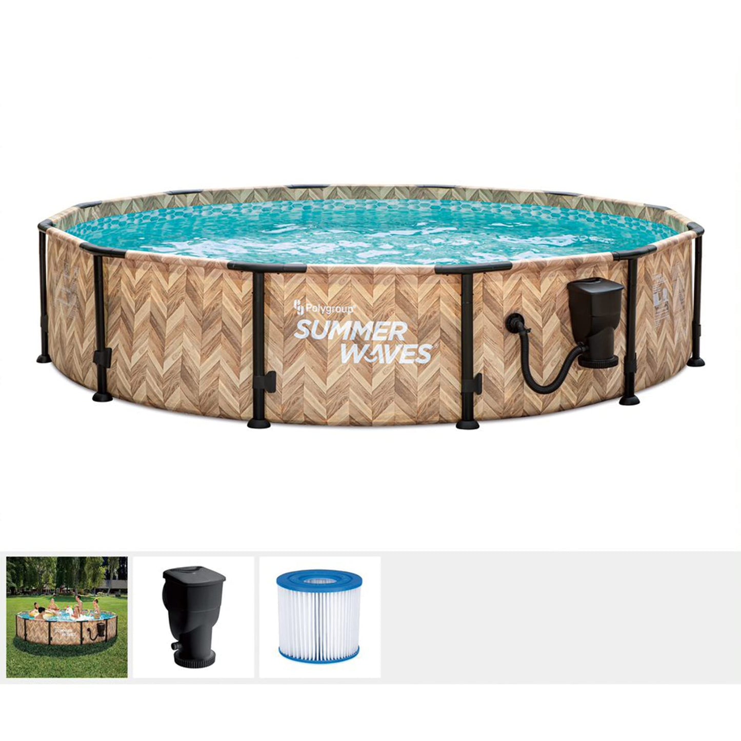 Summer Waves Oak Herringbone Elite 12' x 30" Outdoor Backyard Round Frame Above Ground Swimming Pool Set with Filter Pump, Cartridge, and Repair Patch
