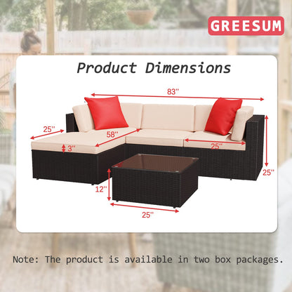 Greesum Ensemble de meubles de patio 5 pièces avec canapé sectionnel en rotin et osier avec coussins, oreillers et table en verre, beige 5 pièces 