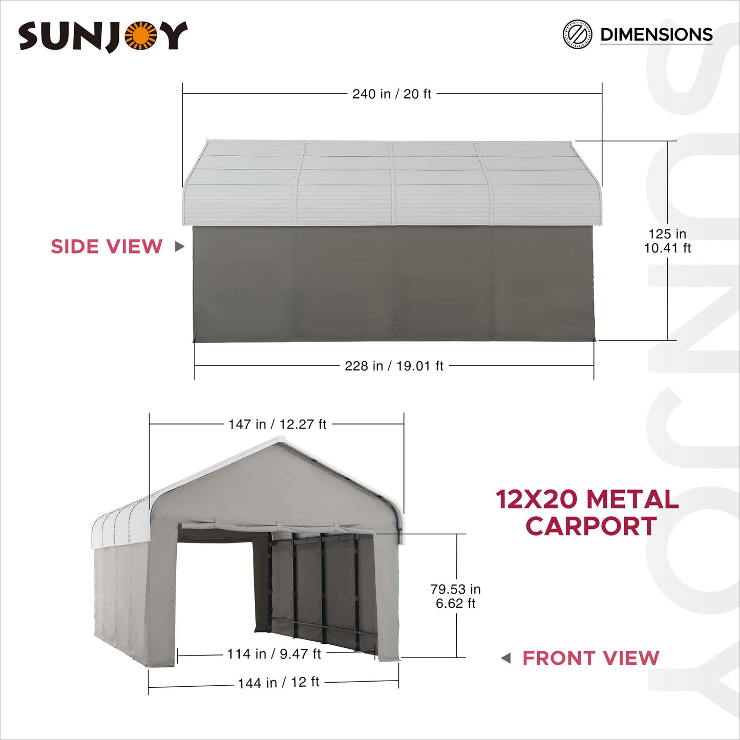 Sunjoy Carport 12 x 20 ft. Outdoor Gazebo with Fabric Enclosure & Sidewalls, Heavy Duty Garage with Powder-Coated Steel/Aluminum Roof and Frame, Gambrel Roof Carport for Car, Boat and Trailer White/Light Gray 12 x 20 ft.