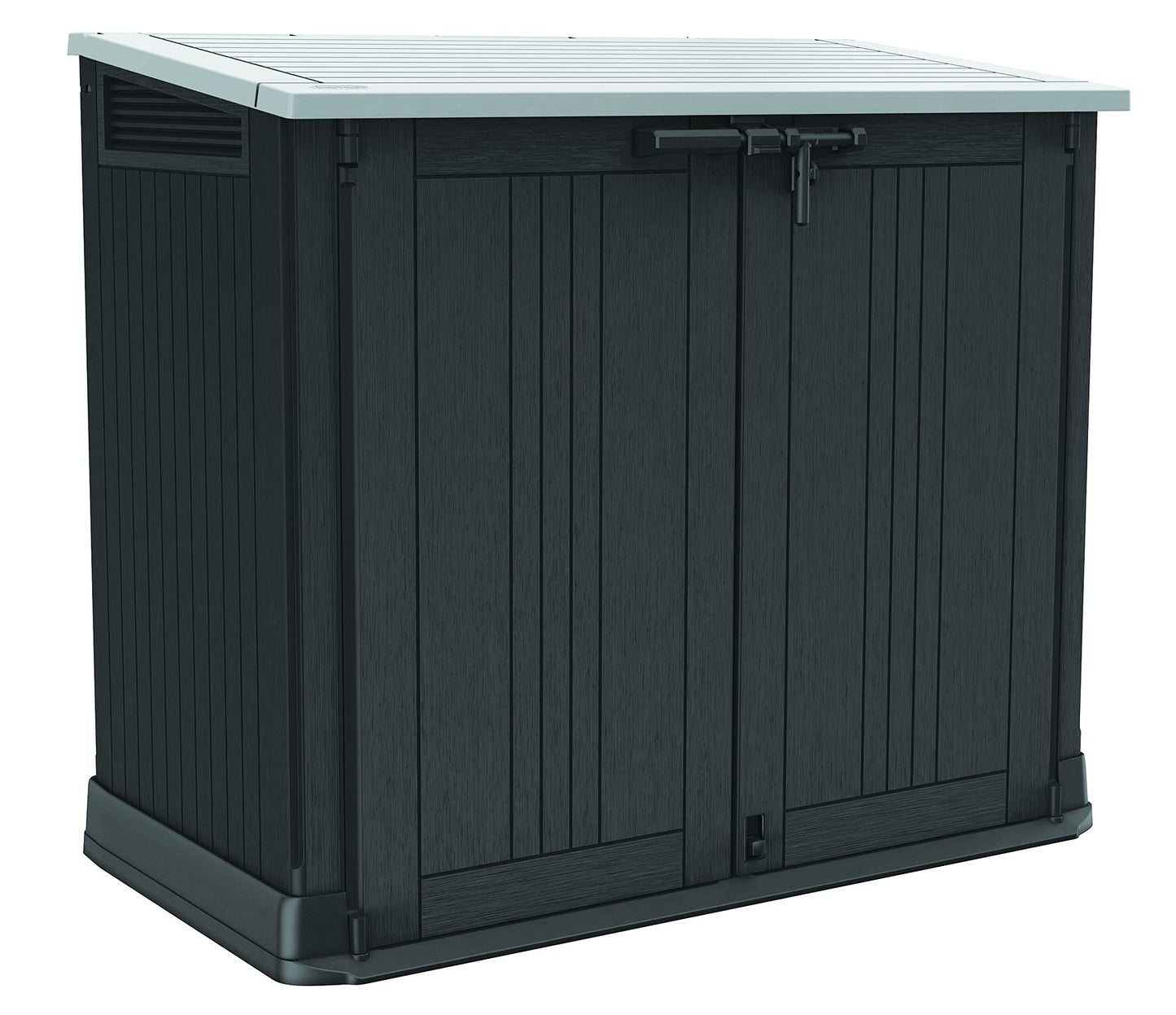 Keter Store-It-Out Prime 4.3 x 2.3 Foot Resin Outdoor Storage Shed with Easy Lift Hinges,Black & Solana 70 Gallon Storage Bench Deck Box for Patio Furniture,Front Porch Decor and Outdoor Seating Grey