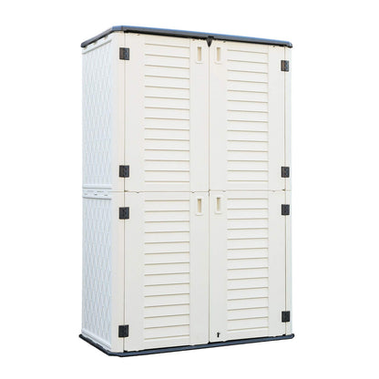 ADDOK Abri de rangement vertical multifonction, armoire de rangement extérieure résistante aux intempéries, boîte de rangement en résine HDEP pour cour, patio, jardin (blanc ivoire/53 pieds cubes) Abri haut blanc cassé 