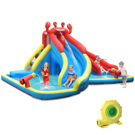 BOUNTECH Toboggan aquatique gonflable 7 en 1 pour les enfants en plein air avec double long toboggan, souffleur 950 W, piscine à éclaboussures, toboggans gonflables sur le thème du crabe pour enfants et adultes, cadeaux de fête avec souffleur d'air 950 W