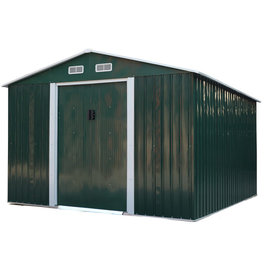 JAXSUNNNY 9 x 10 FT Large Outdoor Storage Shed w/ Floor Frame, Garden Metal Storage Shed for Outdoor Furniture, Lawnmover, Bikes, Utility Tool Organizer with Tall 76" Roof - Gain More Storage Green