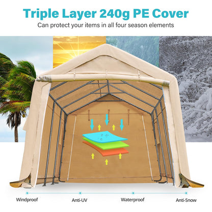 ADVANCE OUTDOOR Abri de voiture robuste de 3 x 6 m pour terrasse extérieure, anti-neige, auvent de rangement portable avec 2 portes à fermeture éclair enroulées et aérations pour outils de jardin de motoneige, beige (8808BY-3) 3 m x 6 m 