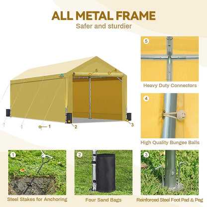 ADVANCE OUTDOOR Abri de voiture robuste de 12 x 20 pieds avec parois latérales et portes, hauteur réglable de 9,5 pieds à 11 pieds, auvent de voiture, garage, tente de fête, abri de bateau avec 8 poteaux renforcés et 4 sacs de sable, beige 12'x20' 