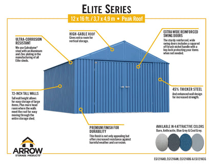 Arrow Shed Elite Hangar de rangement extérieur en acier avec toit à pignon verrouillable, 12' x 16', bleu gris 