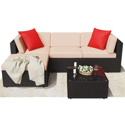 Greesum Ensemble de meubles de patio 5 pièces avec canapé sectionnel en rotin et osier avec coussins, oreillers et table en verre, beige 5 pièces 