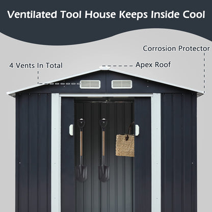 JAXSUNNY 4 x 7 FT Outdoor Metal Storage Shed w/ Floor Frame, Utility Tool Shed House for Patio Backyard Lawn Pool Equipment, Lawnmover Shed with Sliding Doors, 4 Vents & Apex Roof (Dark Grey) Dark Grey