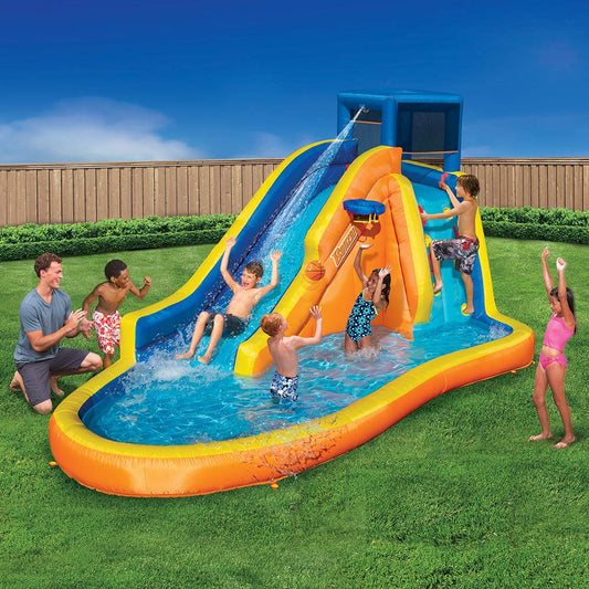 BANZAI Inflatable Water Slide Park - Huge Kids Pool (14' Long by 8' High) with Built in Sprinkler Wave and Hoop - Heavy Duty Outdoor Aqua Blast Lagoon - Blower Included - Inflates in Minutes