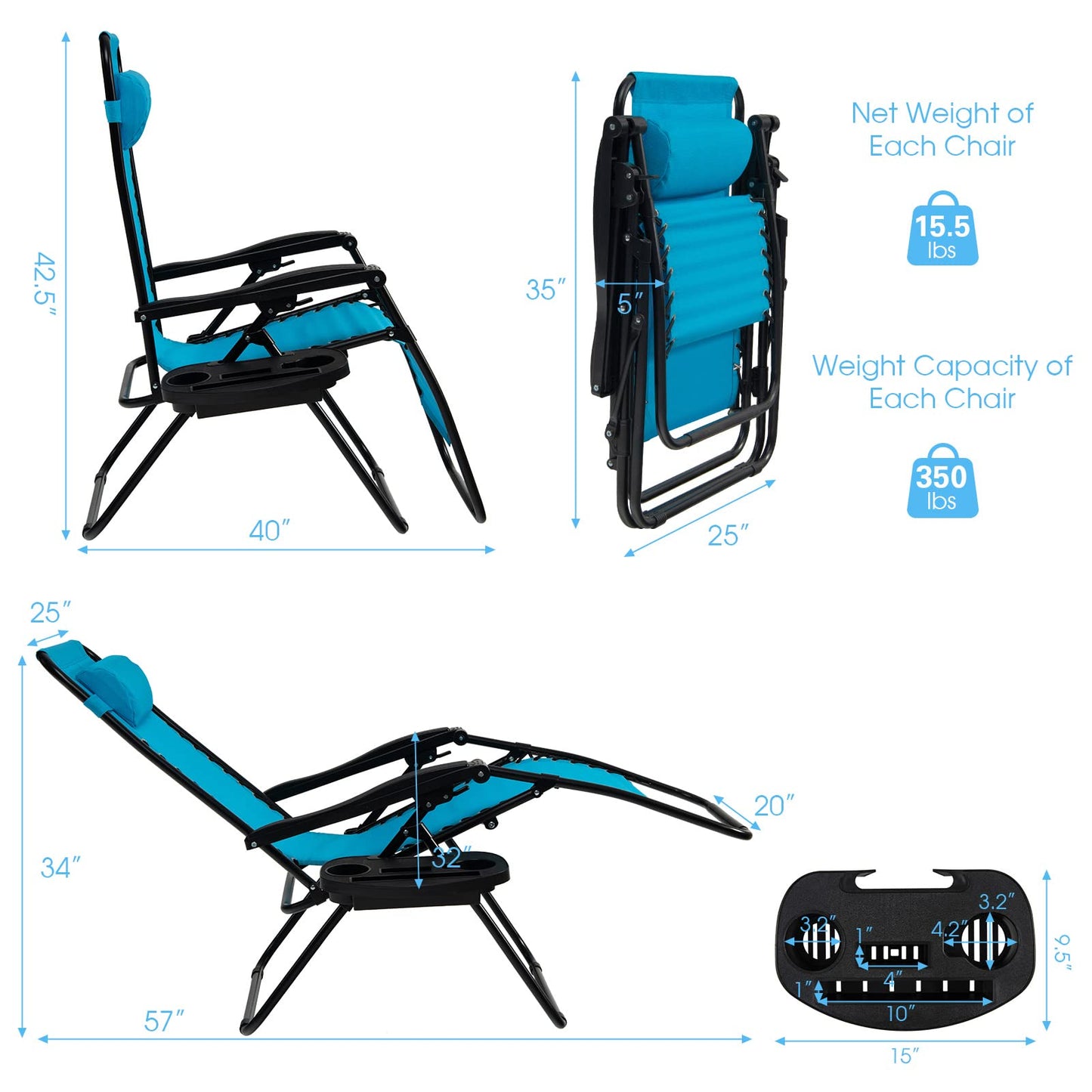 Goplus Zero Gravity Chair, Adjustable Folding Reclining Lounge Chair with Pillow and Cup Holder, Patio Lawn Recliner for Outdoor Pool Camp Yard (1, Light Blue) set of 1