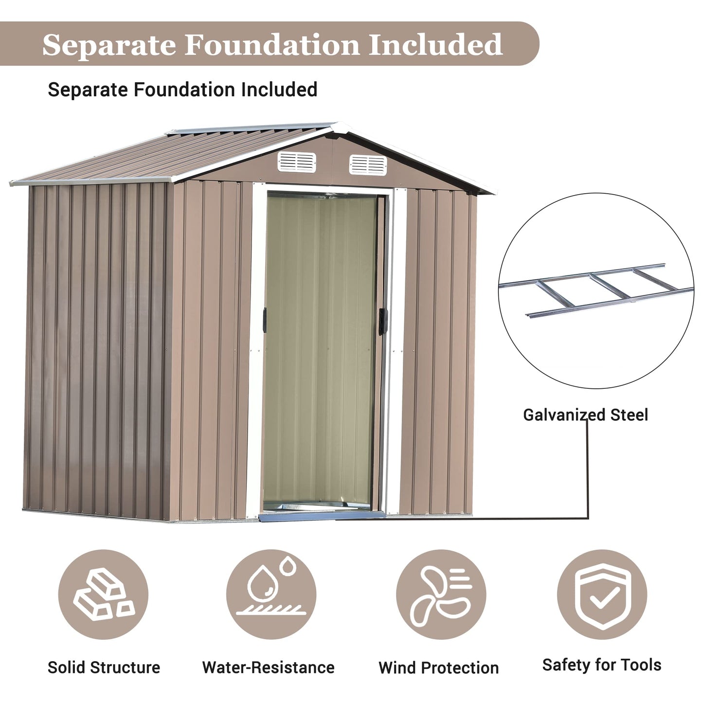 UBGO Metal Storage Shed Organizer,Patio 6ft x4ft Bike Shed Garden Shed, Metal Storage Shed with Adjustable Shelf and Lockable Door,Tool Cabinet with Vents and Foundation for Backyard,Lawn,Garden,Brown 6ft x4ft Sheds & Outdoor Storage Brown