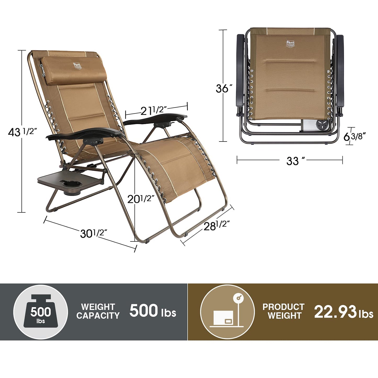 TIMBER RIDGE XXL Chaise Zero Gravity surdimensionnée, chaise longue de terrasse entièrement rembourrée avec table d'appoint, chaise de jardin inclinable de 33" de large, support 500 lb (marron) marron